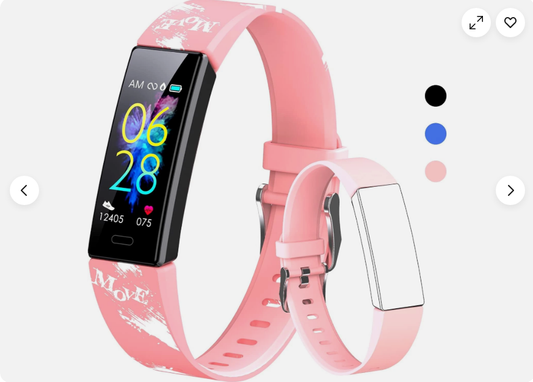 Kids Fitness Tracker Watch in pink with colorful display, available in black, blue, and pink