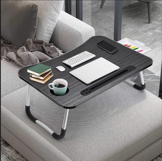 HBN Foldable Laptop Desk Bed Stand with cup holder and phone slot, black wood grain finish